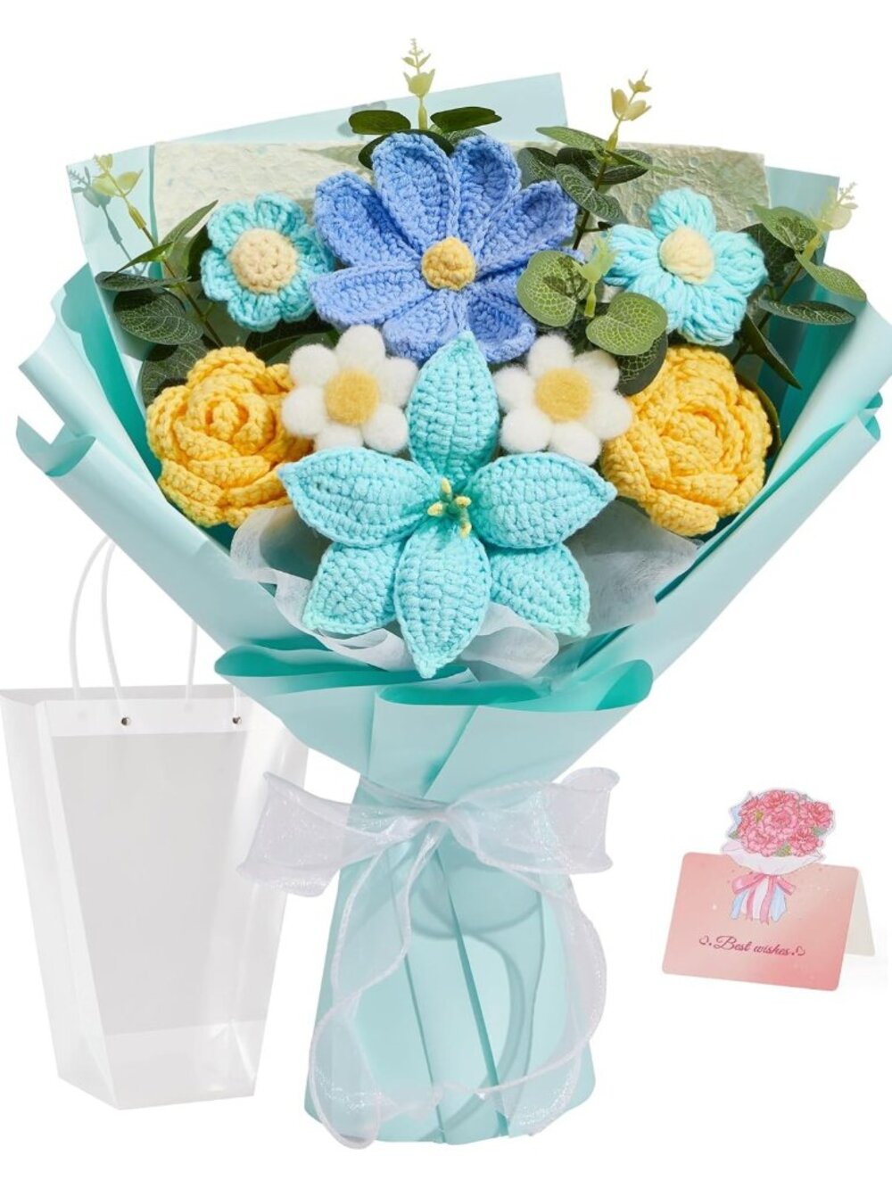 Handmade Blue & Yellow Crochet Flower Bouquet - Knitted Floral Lily Decor